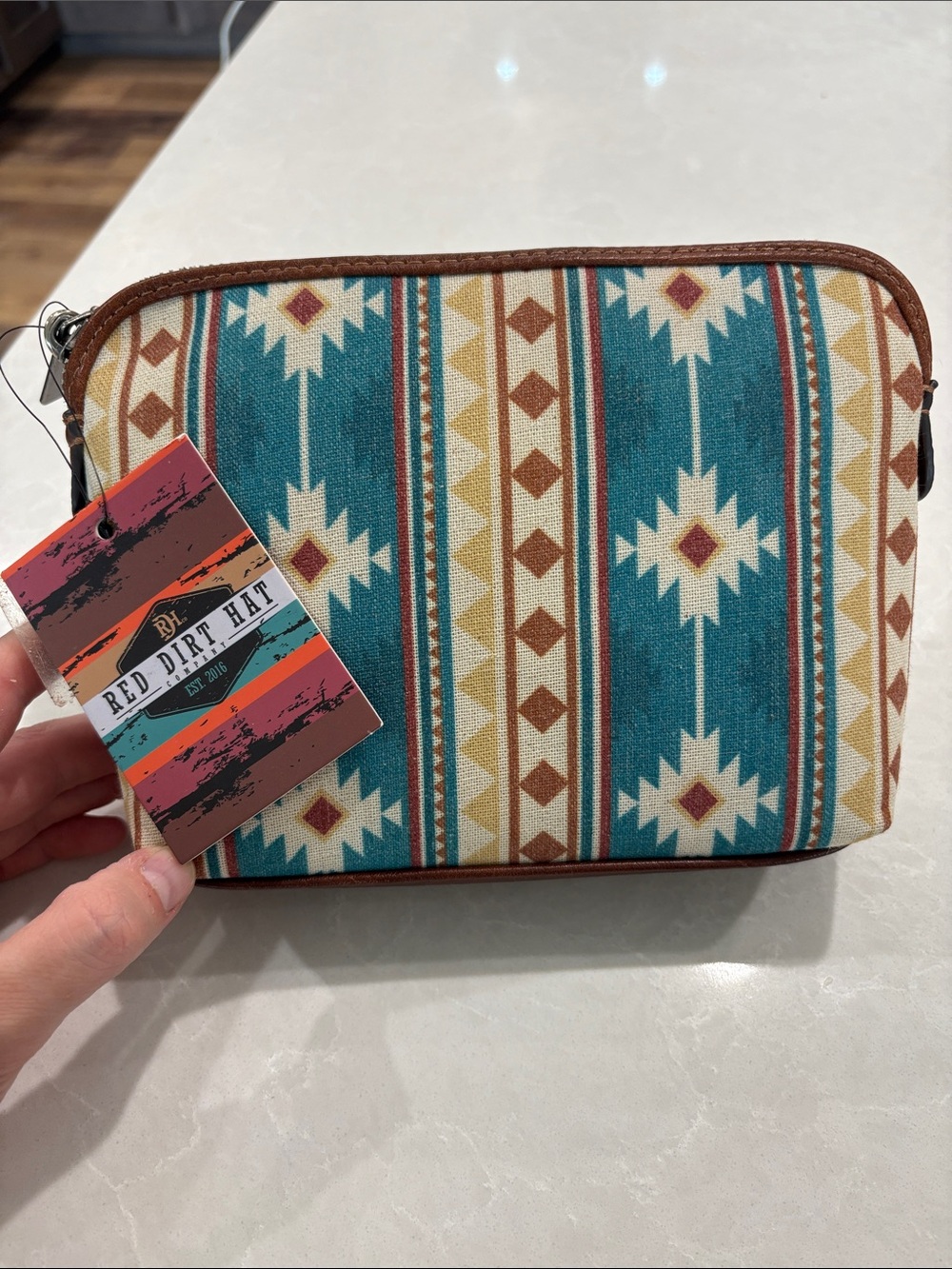 Red Dirt Hat Brand Aztec Print Canvas Clutch - Teal, Cream, Brown